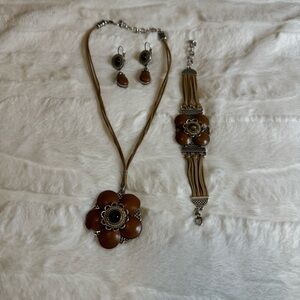 Brighton Almondine Leather Flower jewelry set. Necklace, bracelet and earrings